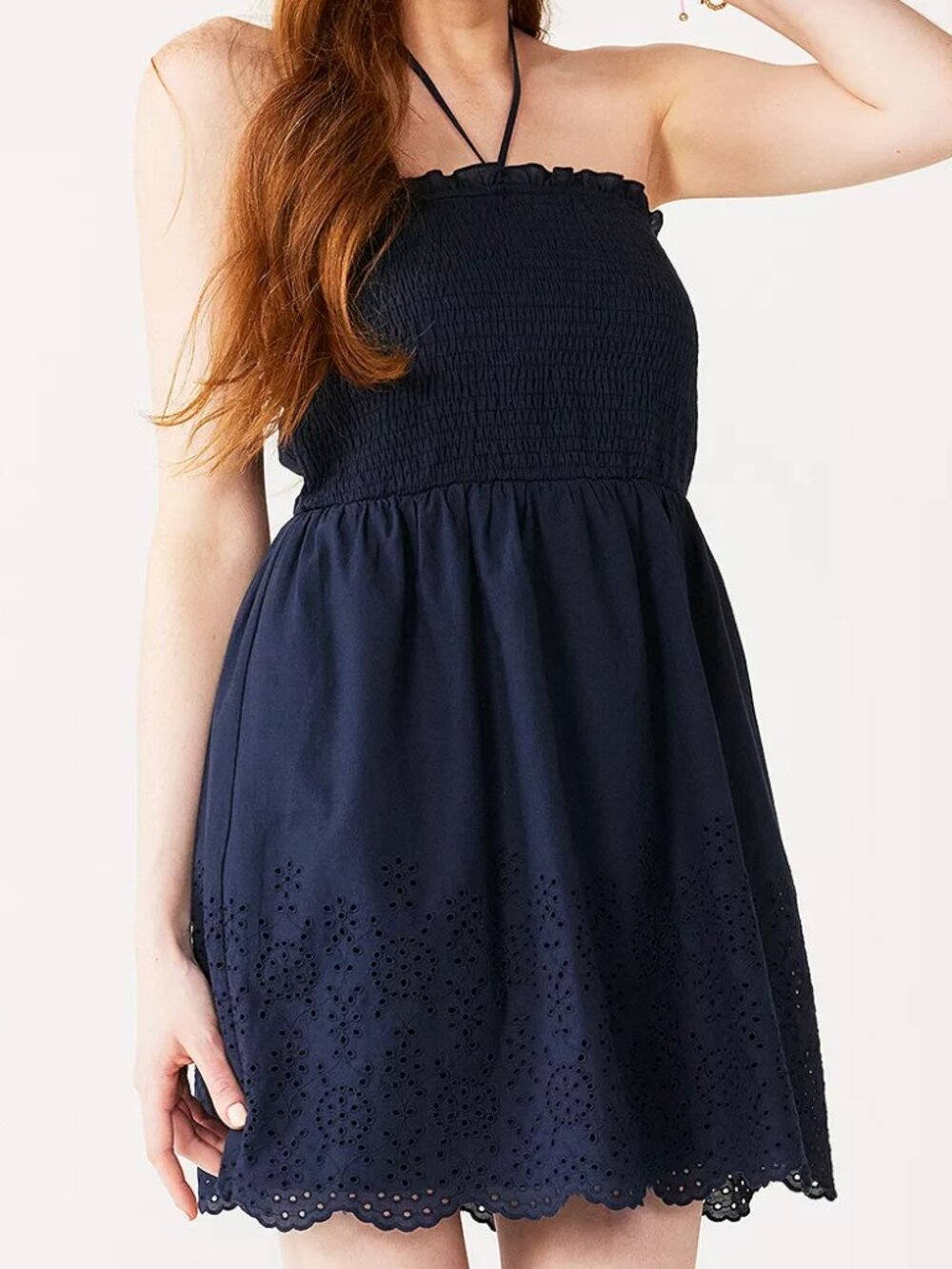Speechless Juniors' Smocked Halter-Neck Dress XXL Navy Blue Scallop Hem Smocked